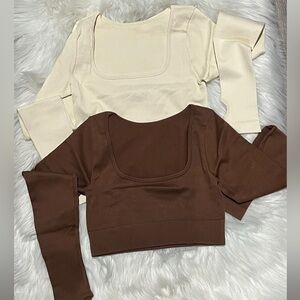 Women's Cream and Brown Ribbed Long Sleeve Tops(set of 2 )